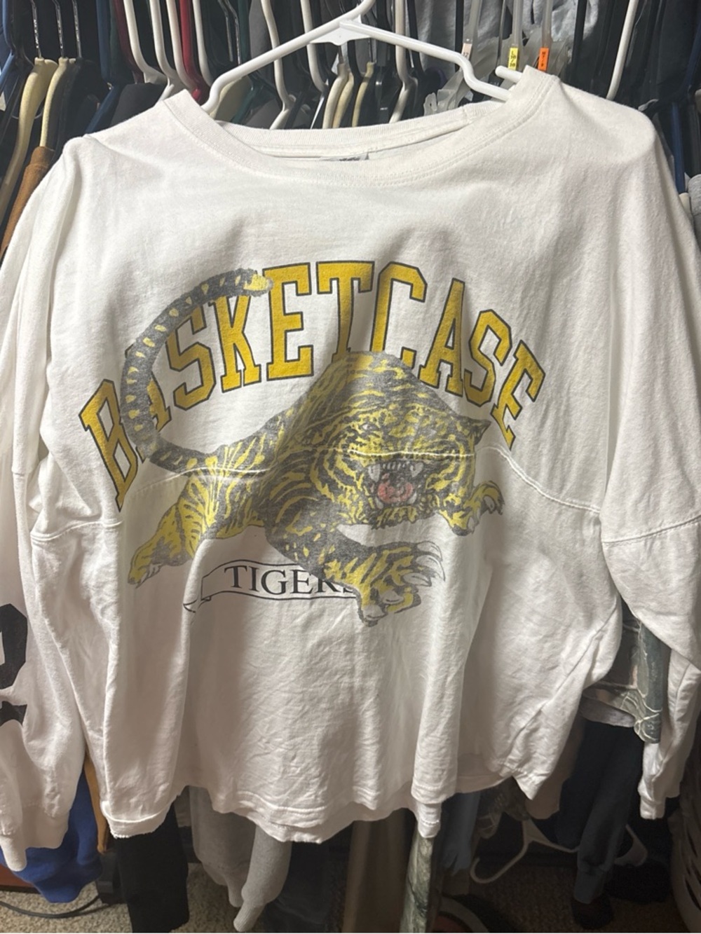 White 'Basketcase' Graphic  Long-Sleeve Tee with Yellow Tiger Print